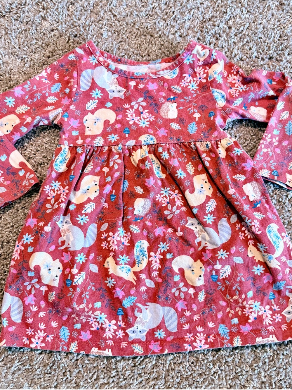 Girls maroon Woodland Animal Long-Sleeve Dress